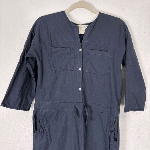Hackwith Design House Jumpsuit Navy Blue Button Front Short Sleeve Size Medium - Picture 2 of 10